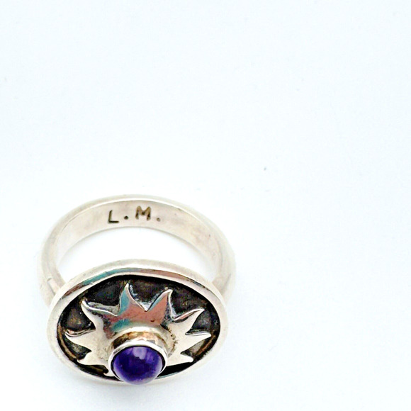 Vintage Sterling Silver 925 Amethyst Ring Sun Celestial Signed LM Boho Size 6.75 - Picture 5 of 8
